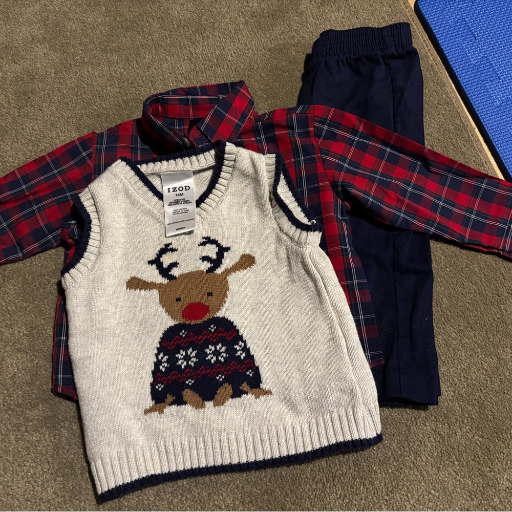 Izod Kids Navy and Red Plaid Shirt with Reindeer Vest and pants